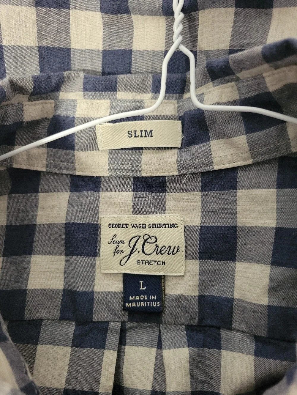 J.Crew Stretch Secret Wash Shirting Cotton Poplin Shirt Heatered Gingham Blue L